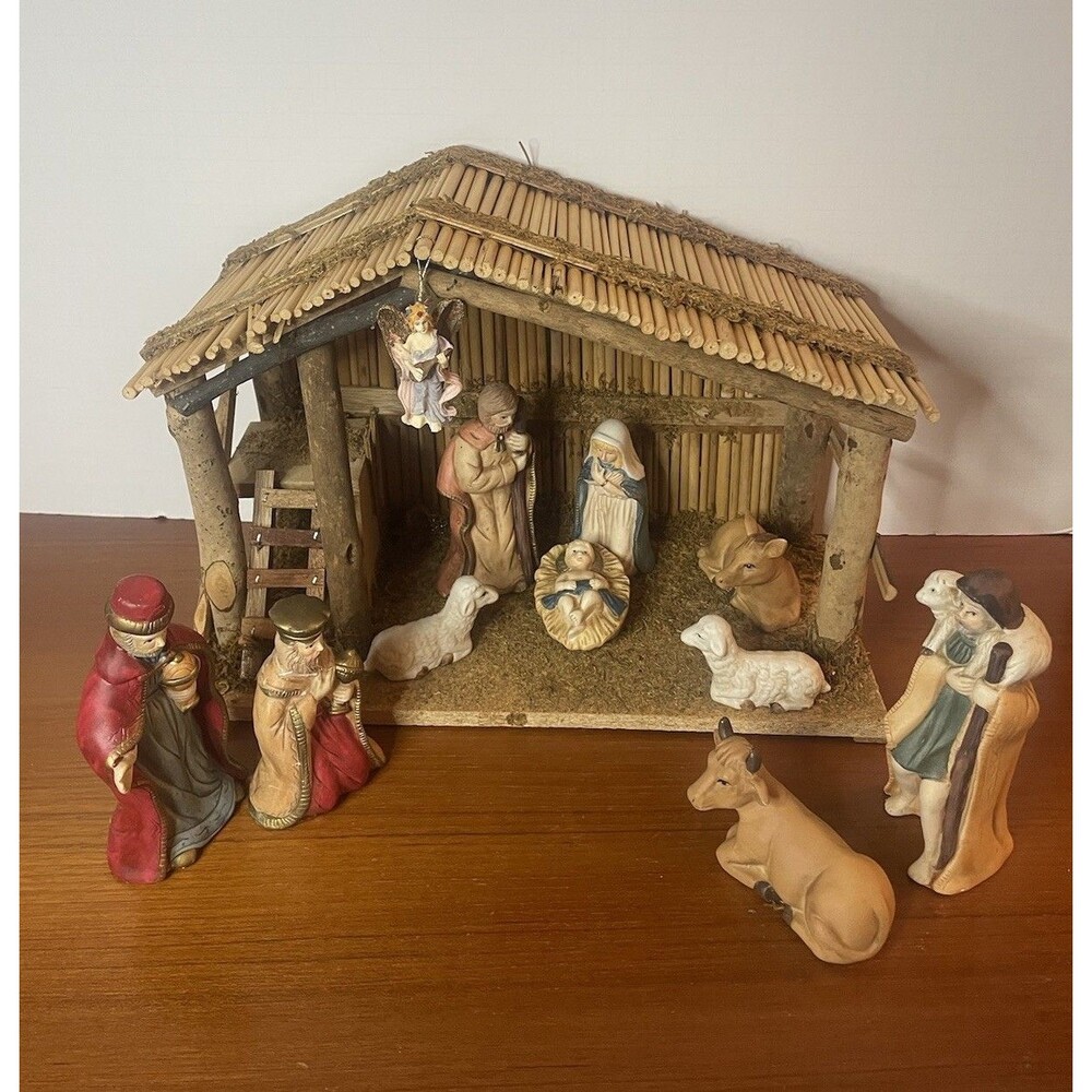 Vintage Nativity Set Porcelain Figures And Wooden Manger 12 Piece SEARS READ